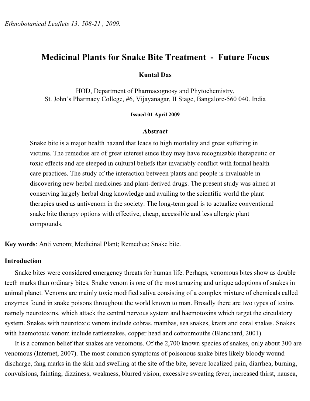 Medicinal Plants for Snake Bite Treatment - Future Focus