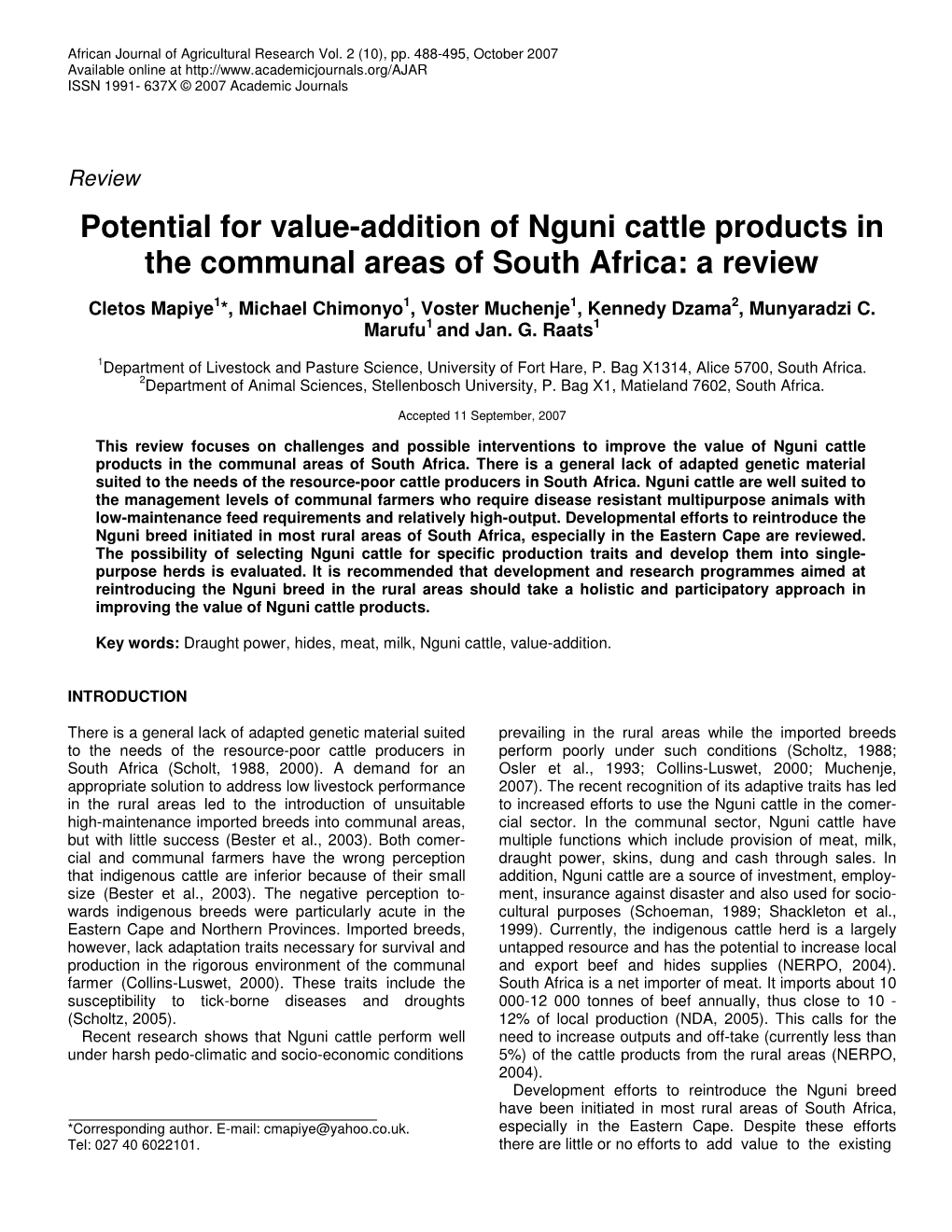 Potential for Value-Addition of Nguni Cattle Products in the Communal Areas of South Africa: a Review