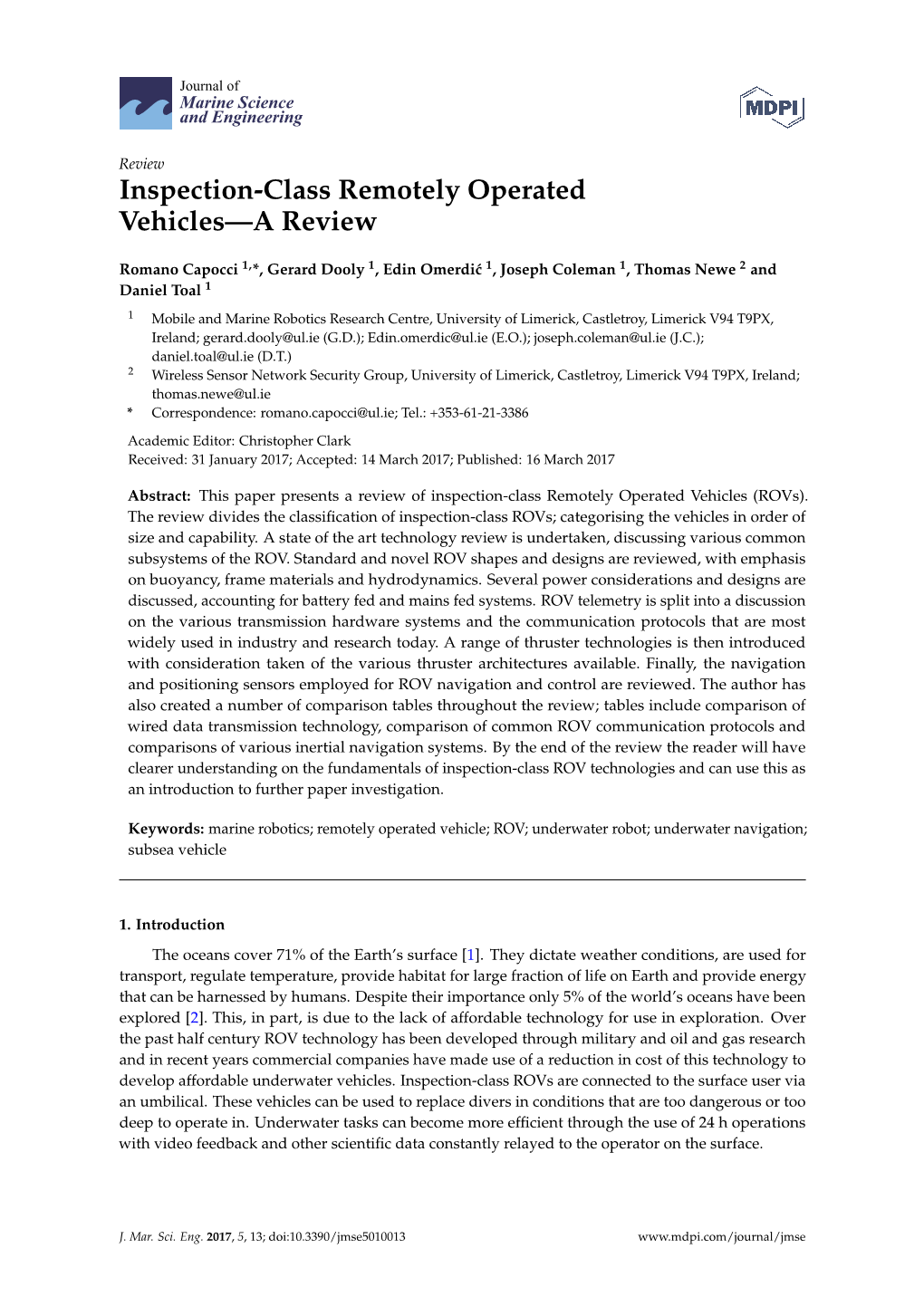 Inspection-Class Remotely Operated Vehicles—A Review