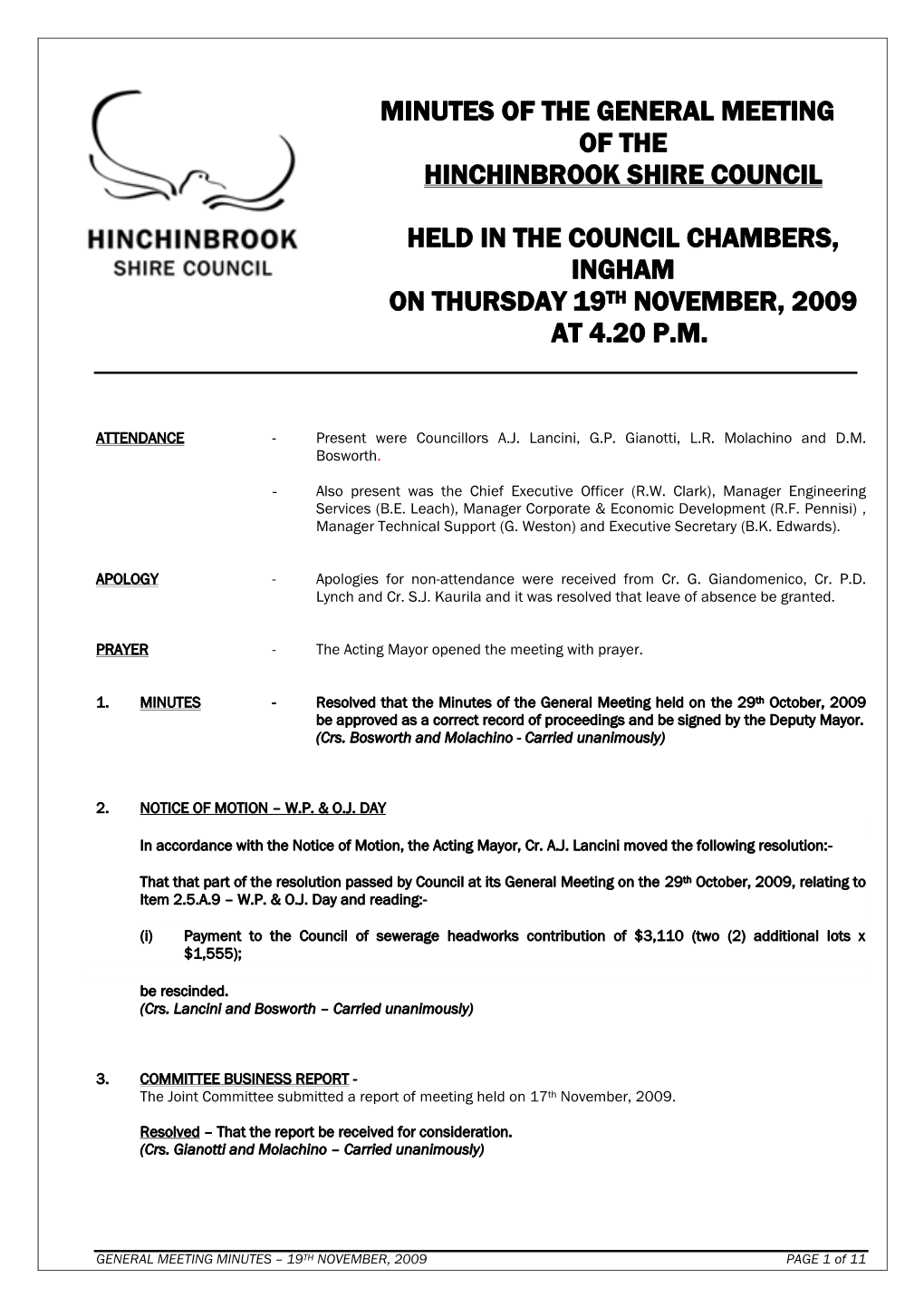 Minutes of the General Meeting of the Hinchinbrook Shire Council