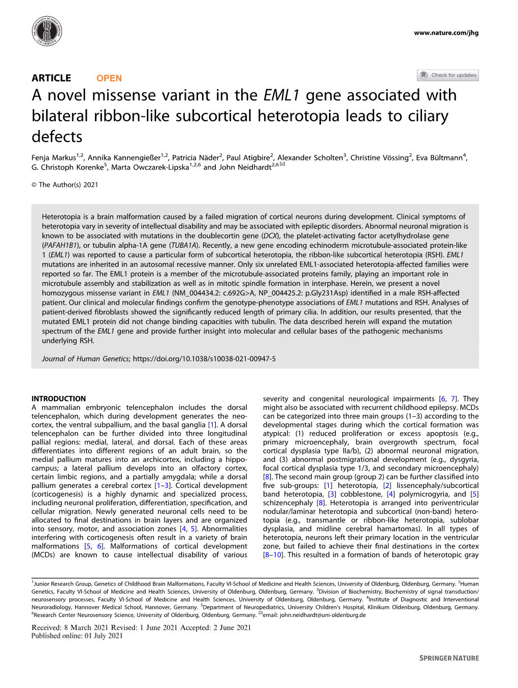 A Novel Missense Variant in the EML1 Gene Associated with Bilateral Ribbon-Like Subcortical Heterotopia Leads to Ciliary Defects