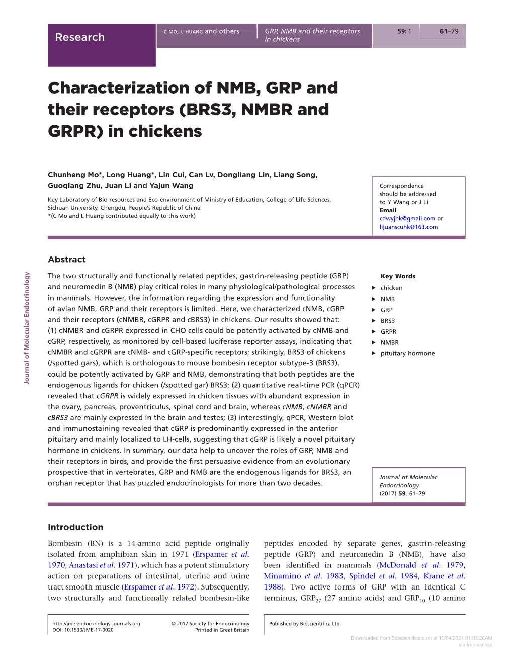 Characterization of NMB, GRP and Their Receptors (BRS3, NMBR and GRPR) in Chickens