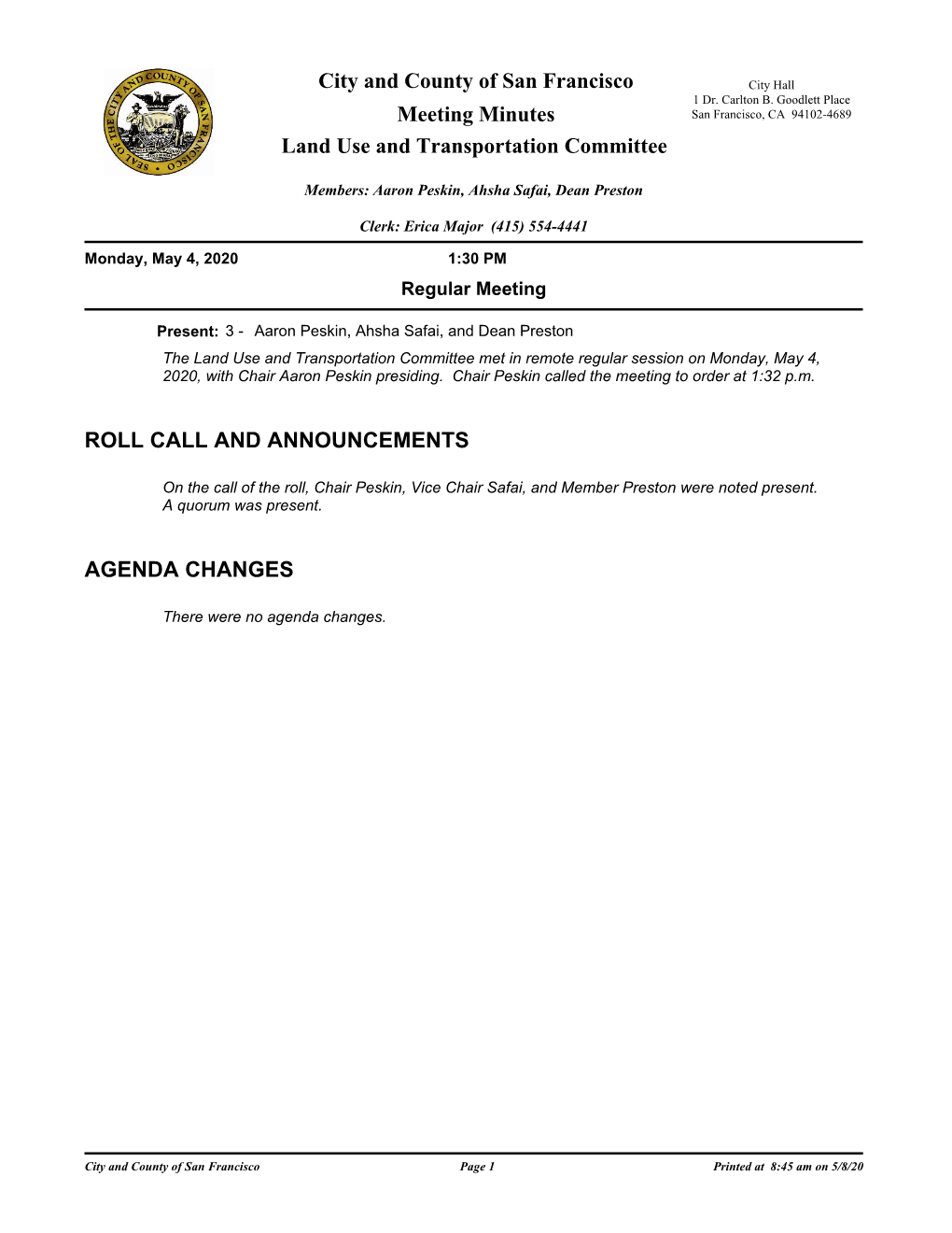 Meeting Minutes San Francisco, CA 94102-4689 Land Use and Transportation Committee