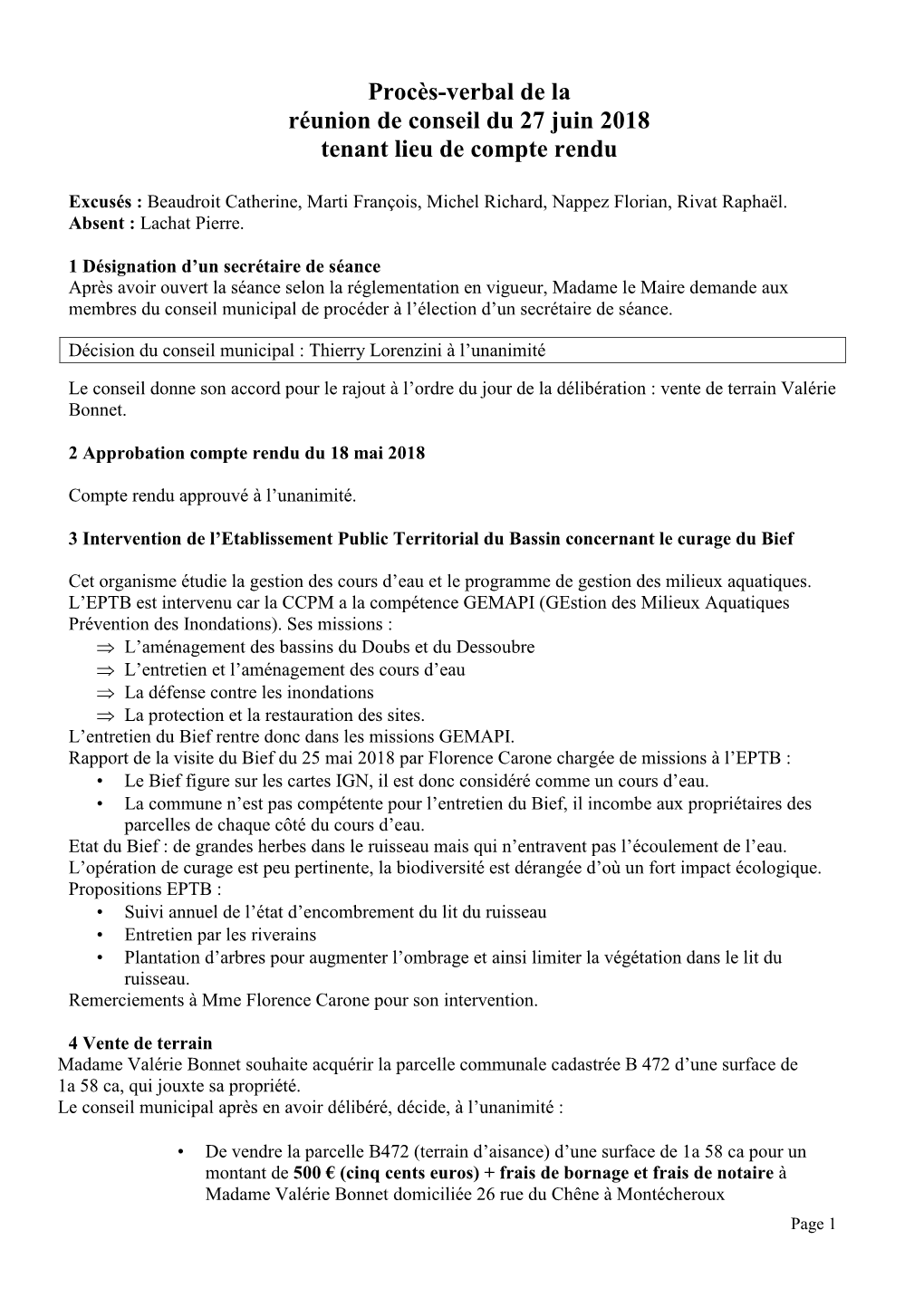 Procès-Verbal De La Réunion De Conseil Du 27 Juin 2018 Tenant Lieu De Compte Rendu