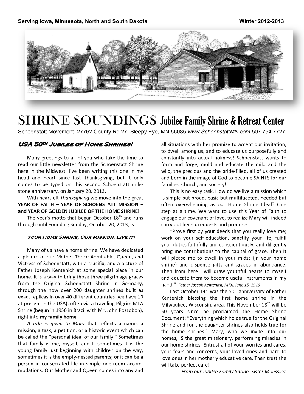 SHRINE SOUNDINGS Jubilee Family Shrine & Retreat Center