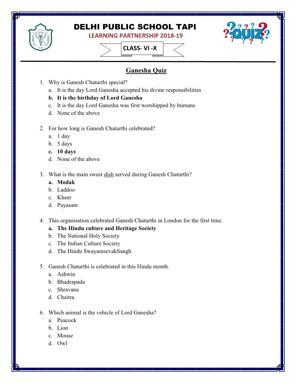 DPST Ganesha Quiz VI-X