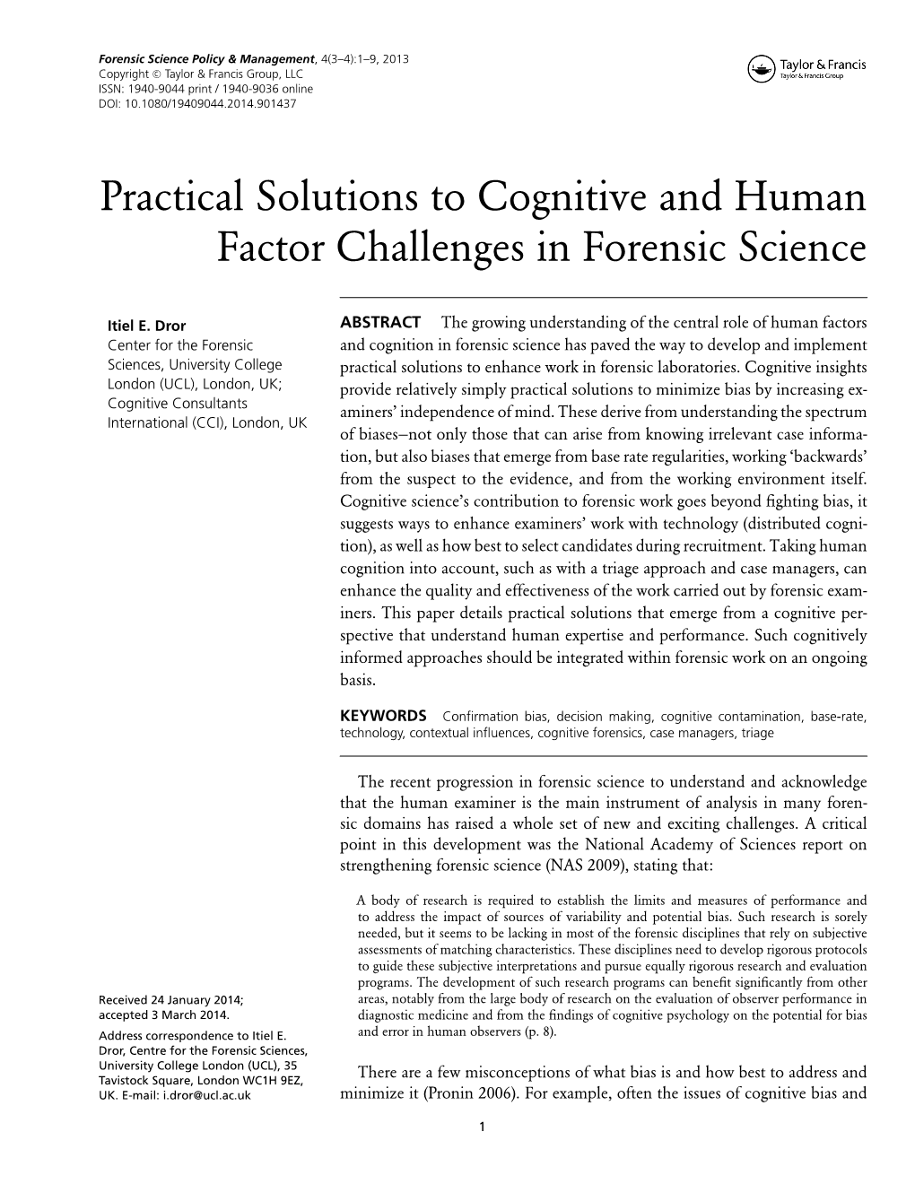 Practical Solutions to Cognitive and Human Factor Challenges in Forensic Science