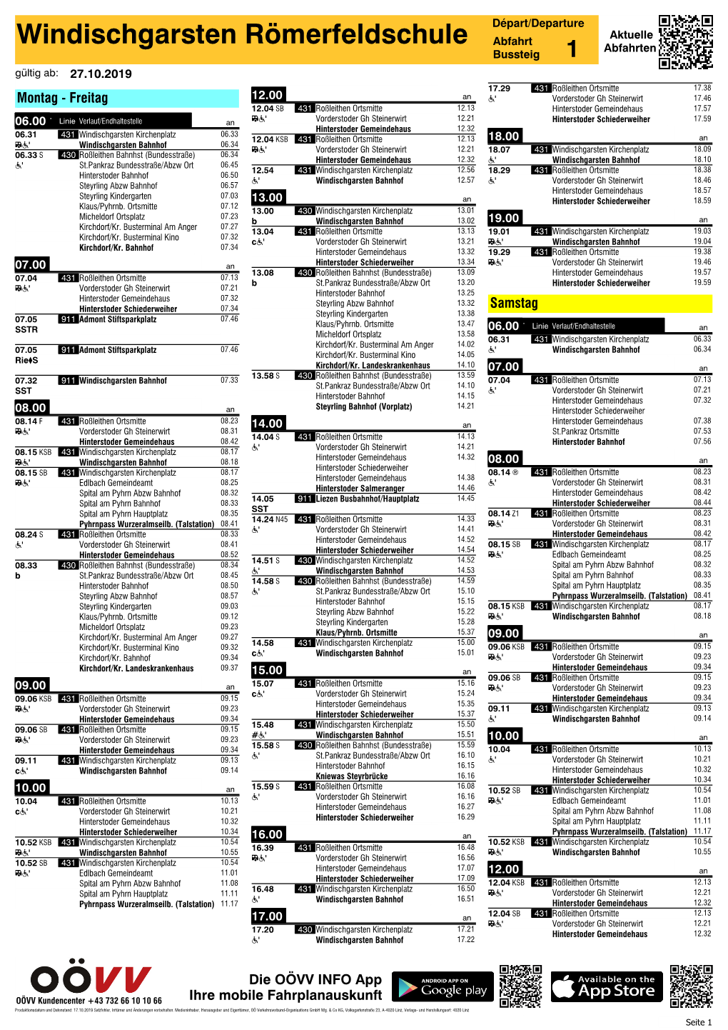 Windischgarsten Römerfeldschule Abfahrten Bussteig 1 Gültig Ab: 27.10.2019 2 1