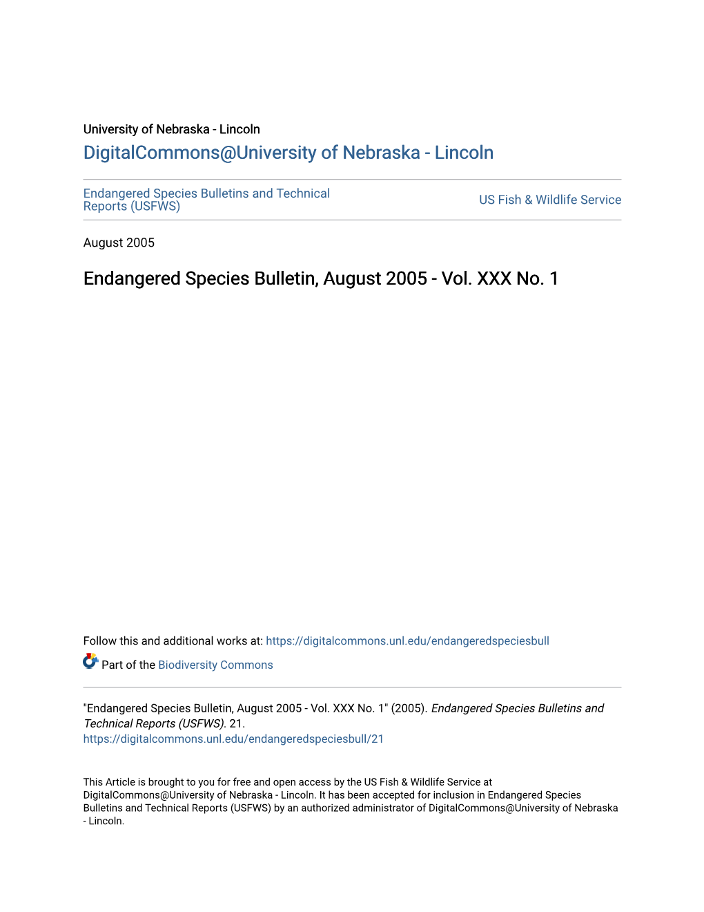 Endangered Species Bulletin, August 2005 - Vol