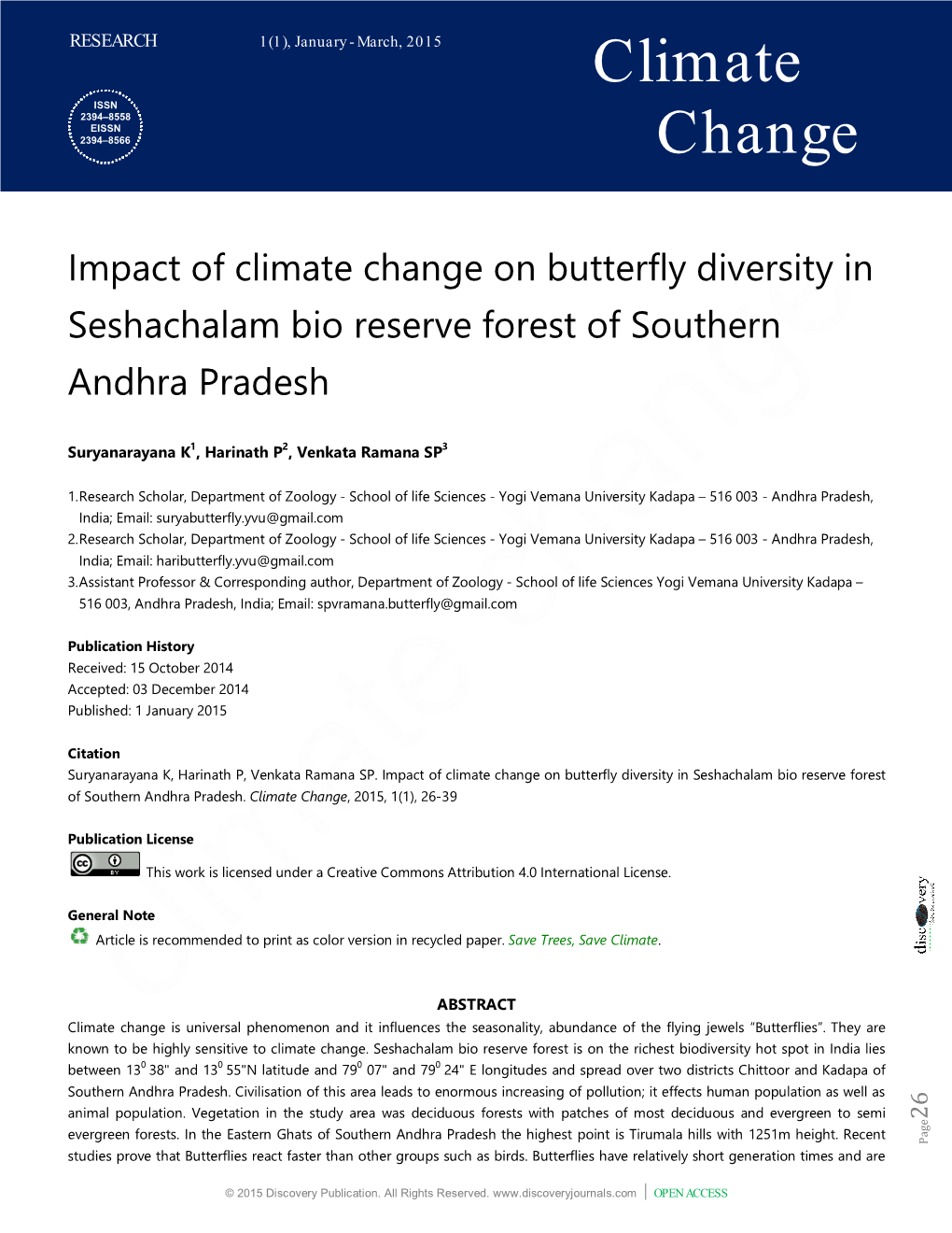 Climate Change on Butterfly Diversity in Seshachalam Bio Reserve Forest of Southern Andhra Pradesh