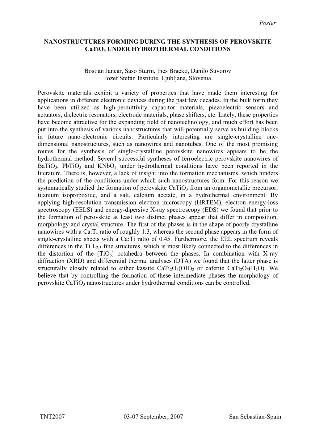 NANOSTRUCTURES FORMING DURING the SYNTHESIS of PEROVSKITE Catio3 UNDER HYDROTHERMAL CONDITIONS