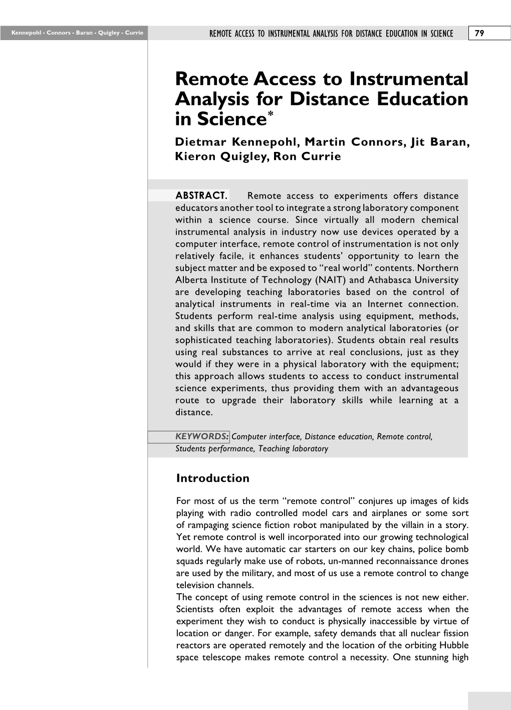 Remote Access to Instrumental Analysis for Distance Education in Science 79