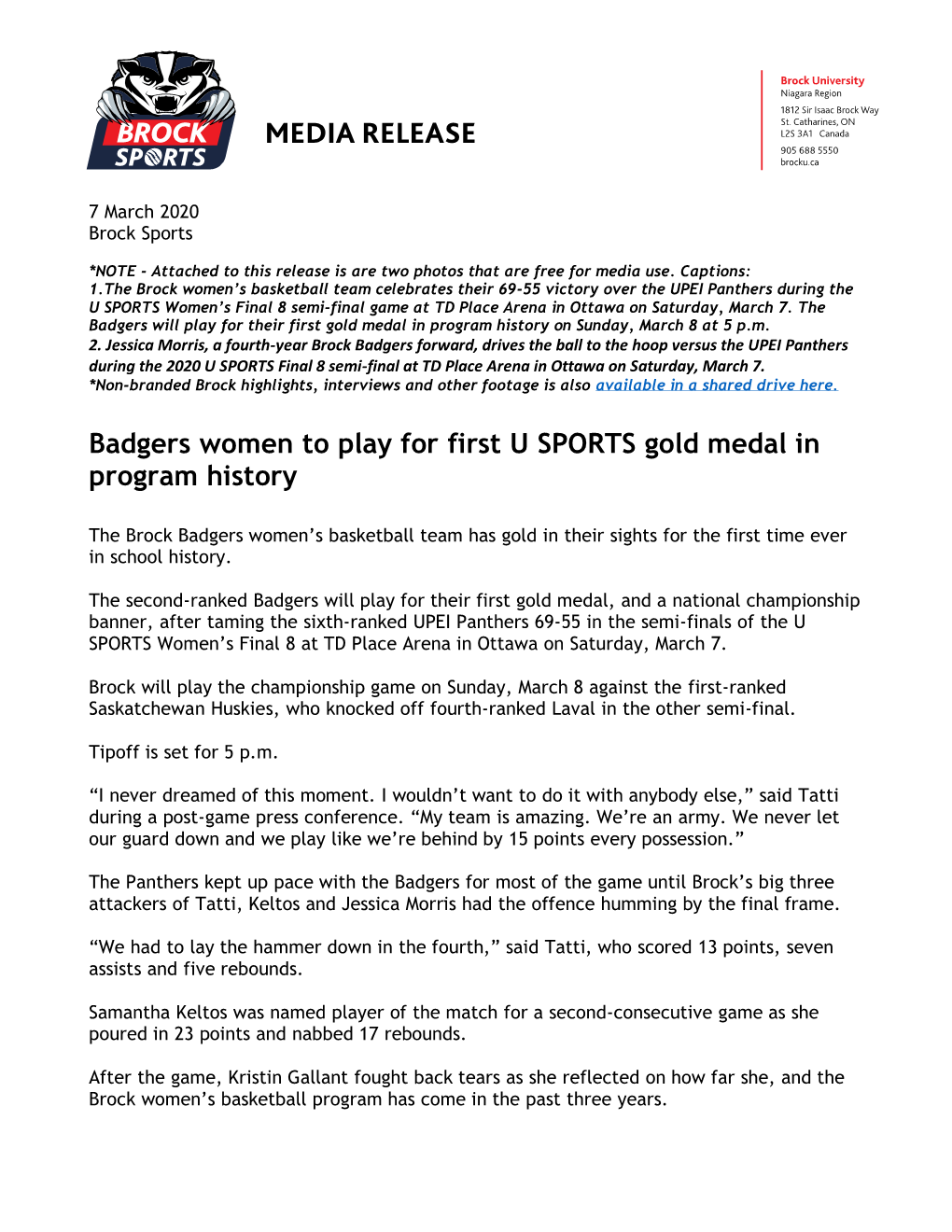 Badgers Women to Play for First U SPORTS Gold Medal in Program History