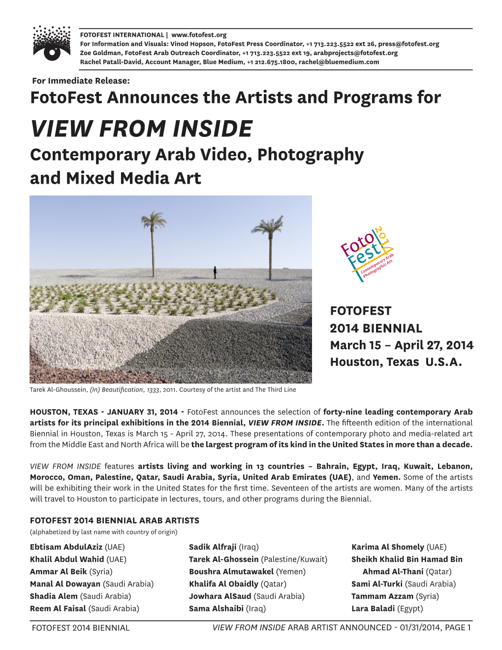 Fotofest Announces the Artists and Programs for VIEW from INSIDE Contemporary Arab Video, Photography and Mixed Media Art
