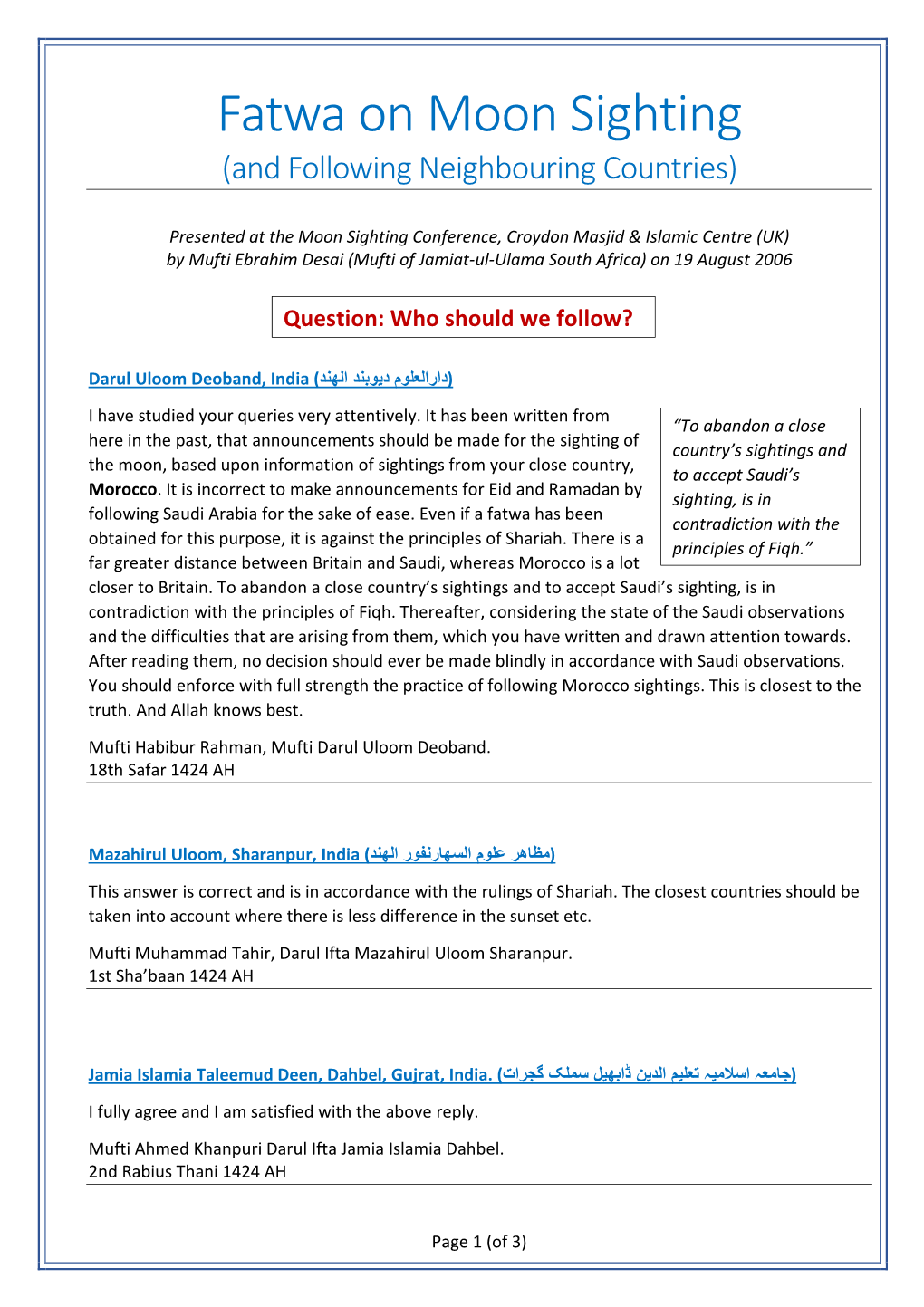Fatwa on Moon Sighting and Following Neighbouring Countries
