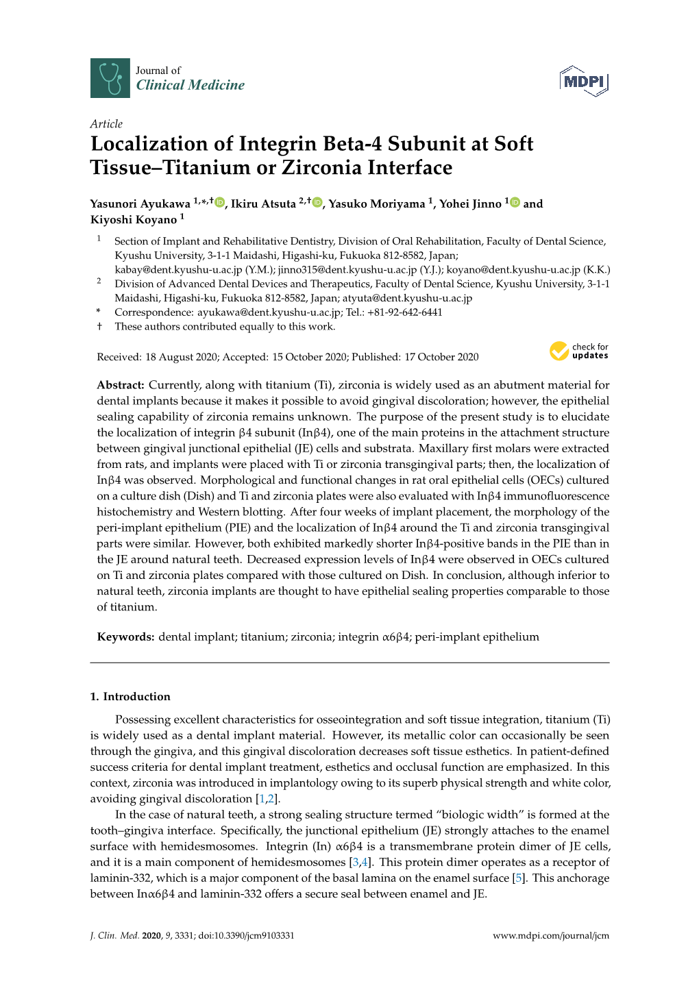 Localization of Integrin Beta-4 Subunit at Soft Tissue–Titanium Or Zirconia Interface