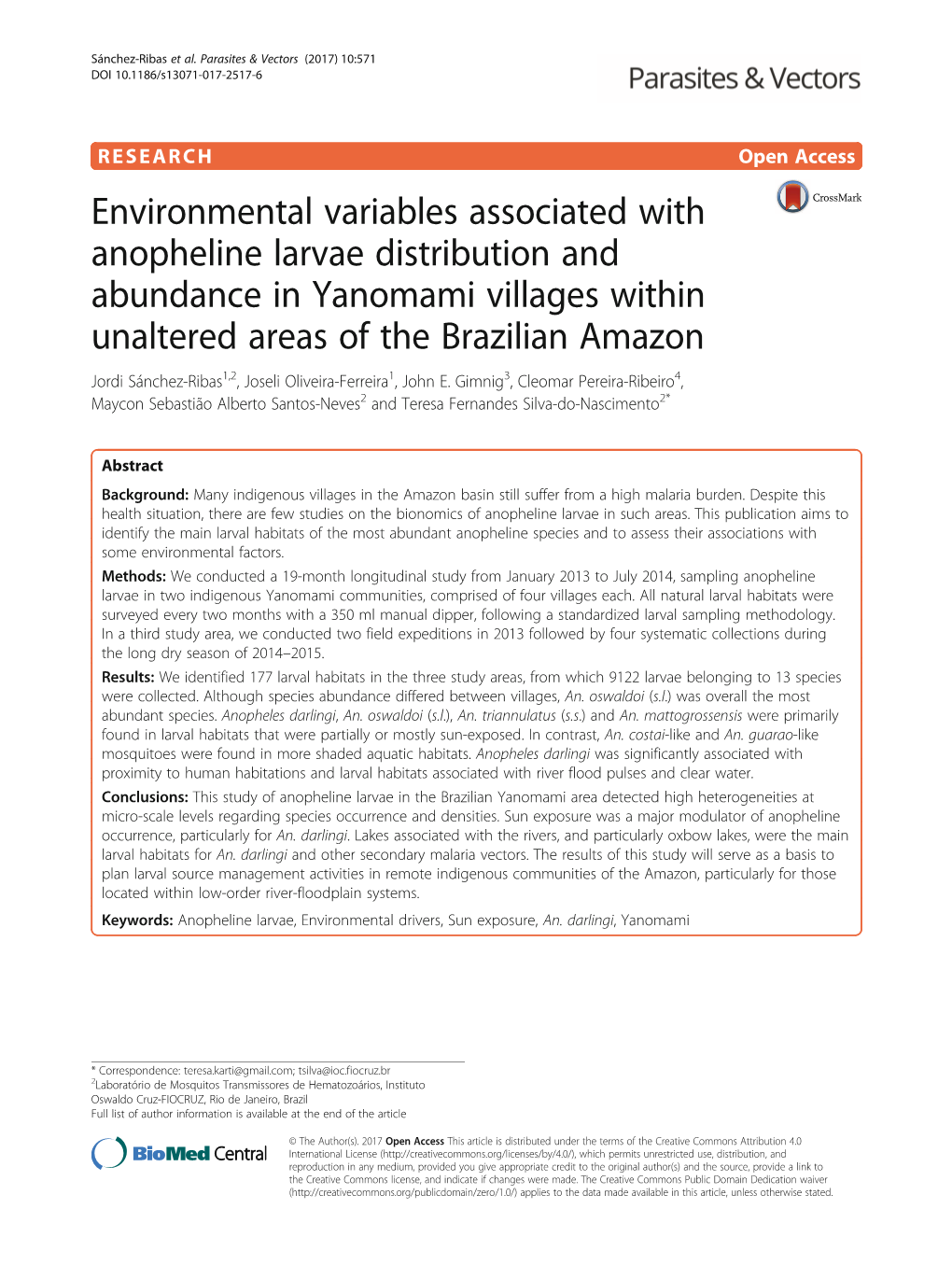 Environmental Variables Associated with Anopheline Larvae Distribution