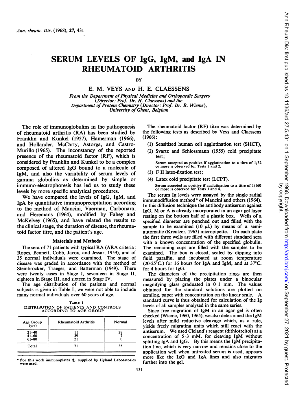 SERUM LEVELS of Igg, Igm, and Iga in RHEUMATOID ARTHRITIS by E