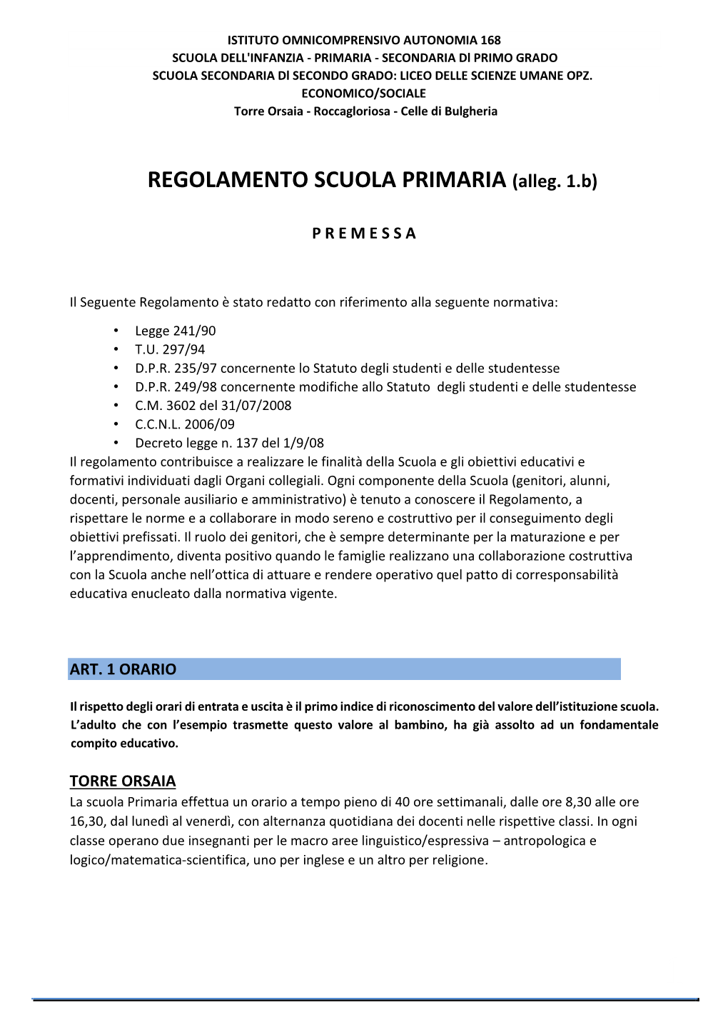 REGOLAMENTO SCUOLA PRIMARIA (Alleg. 1.B)