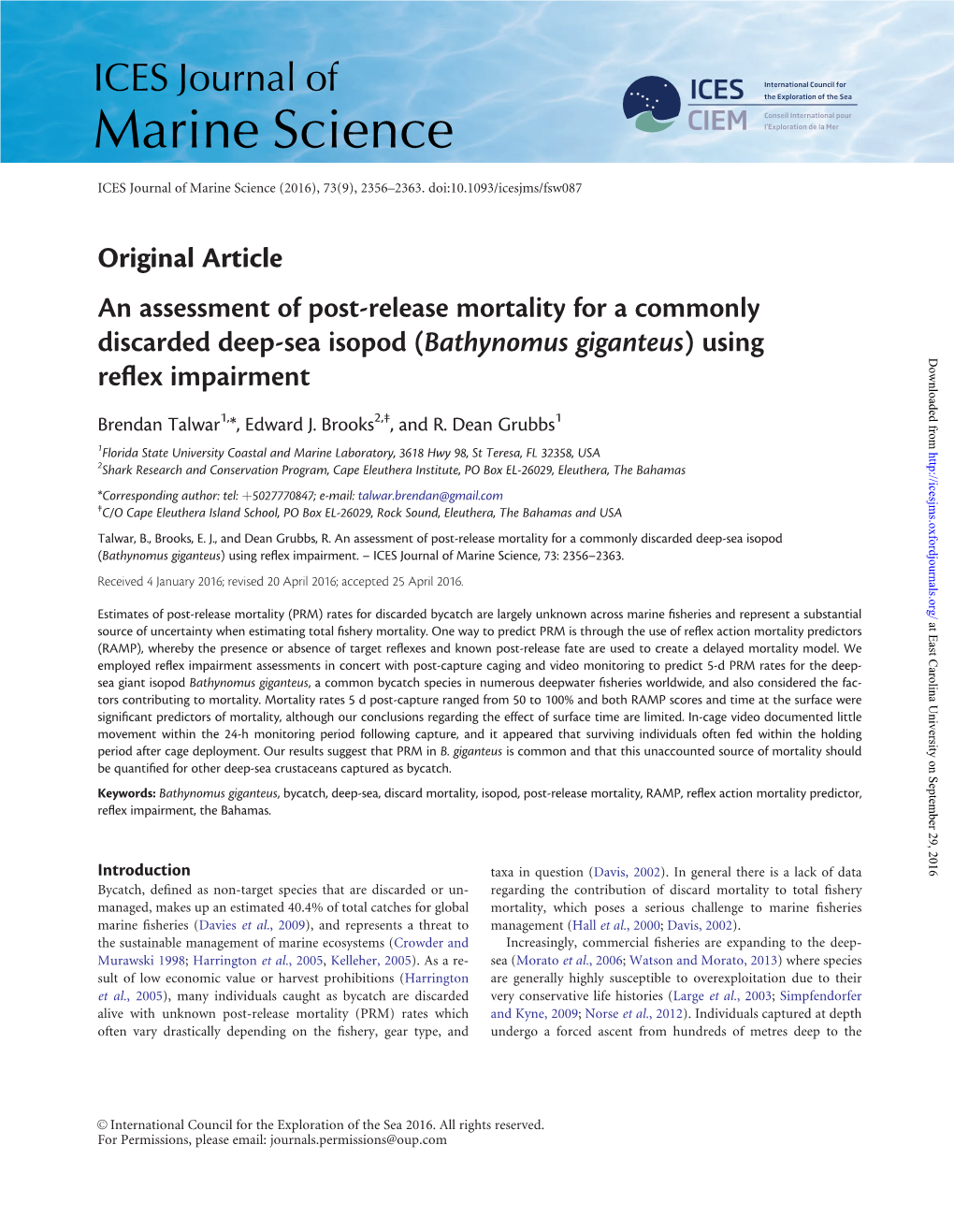 An Assessment of Post-Release Mortality for a Commonly Discarded Deep-Sea Isopod (Bathynomus Giganteus) Using Reflex Impairment