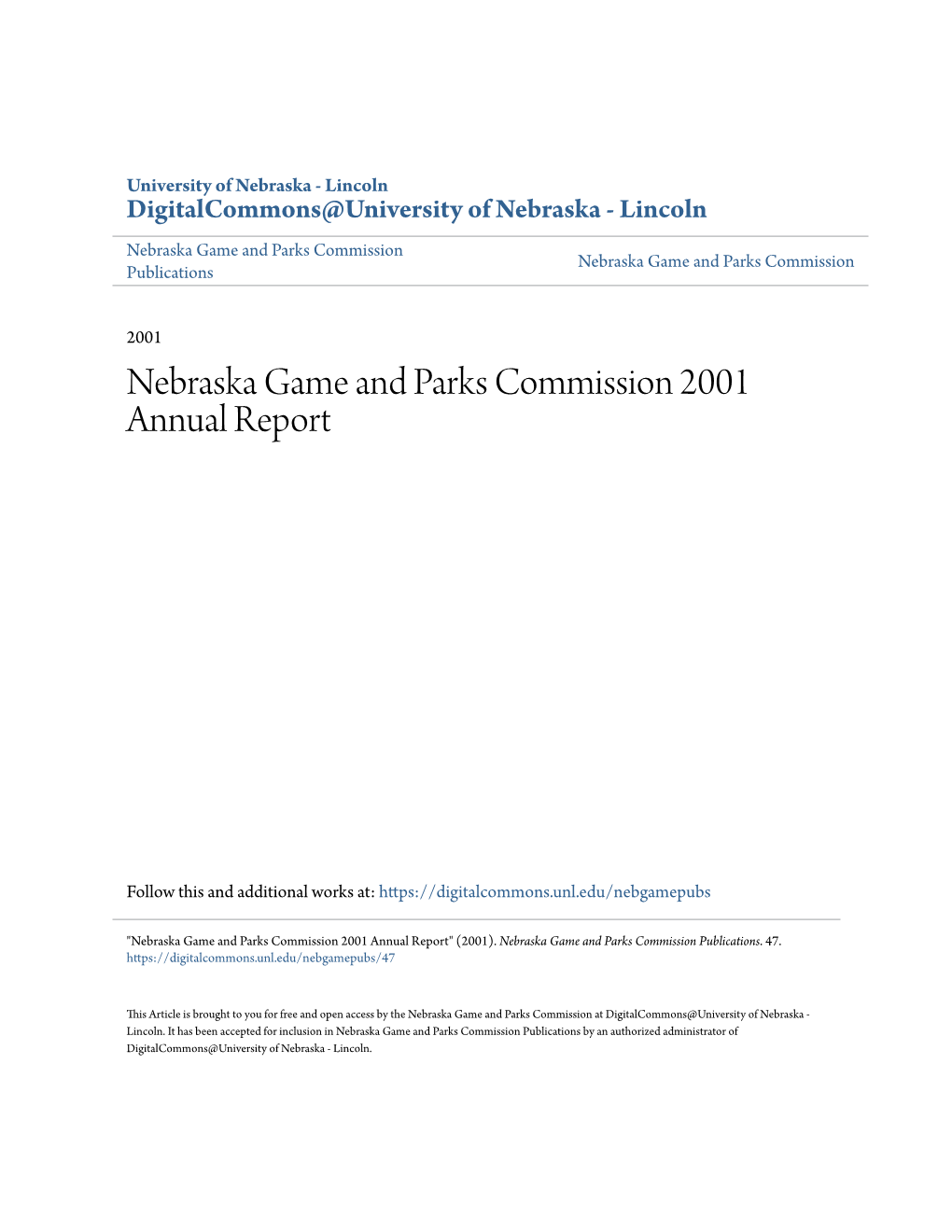 Nebraska Game and Parks Commission 2001 Annual Report