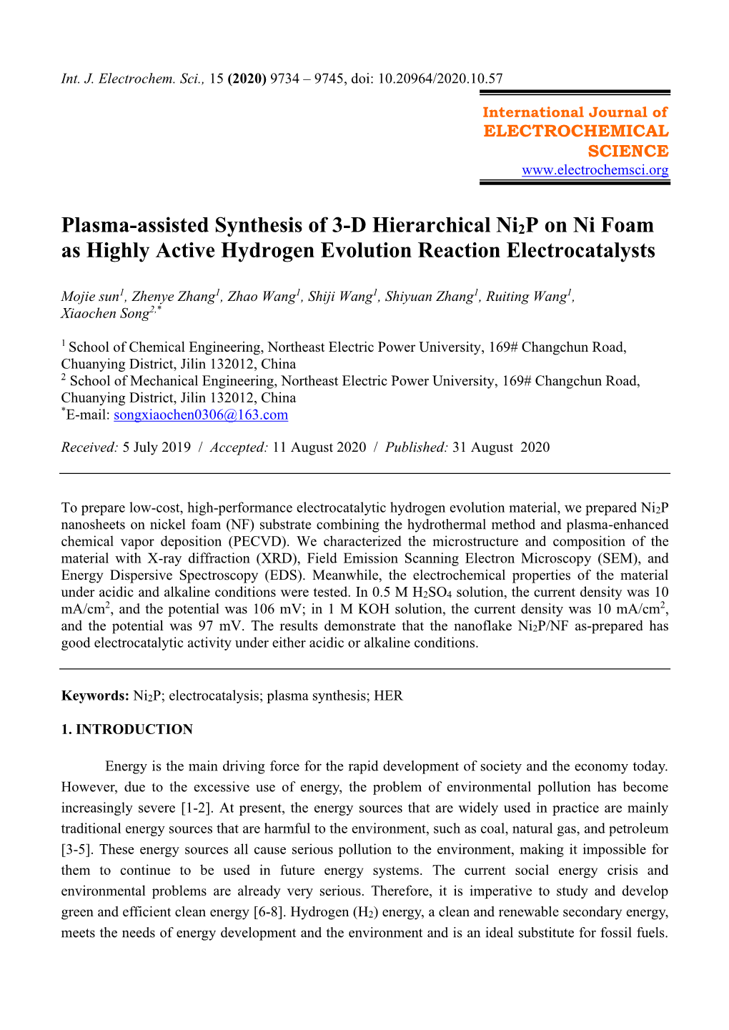 Plasma-Assisted Synthesis of 3-D Hierarchical Ni2p on Ni Foam As Highly Active Hydrogen Evolution Reaction Electrocatalysts