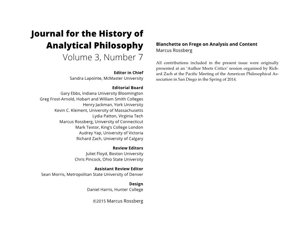 Journal for the History of Analytical Philosophy Volume 3, Number 7