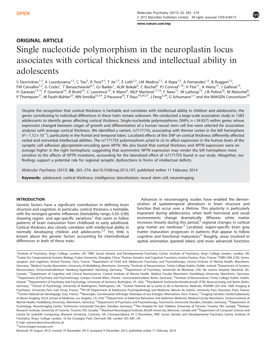 Single Nucleotide Polymorphism in the Neuroplastin Locus Associates with Cortical Thickness and Intellectual Ability in Adolescents