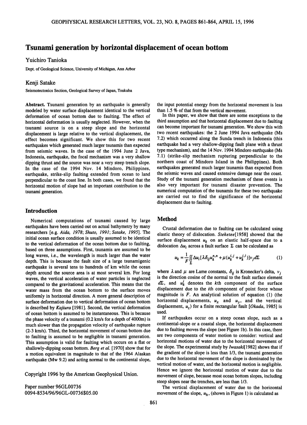 Tsunami Generation by Horizontal Displacement of Ocean Bottom