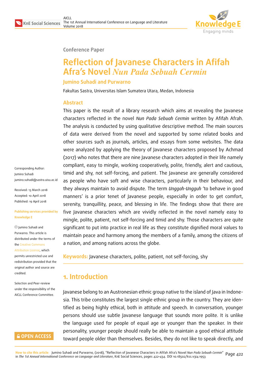 Reflection of Javanese Characters in Afifah Afra's Novel Nun Pada