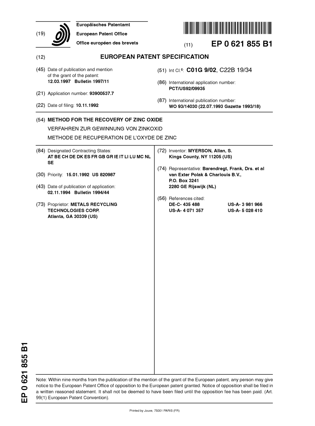 Method for the Recovery of Zinc Oxide Verfahren Zur Gewinnung Von Zinkoxid Methode De Recuperation De L'oxyde De Zinc