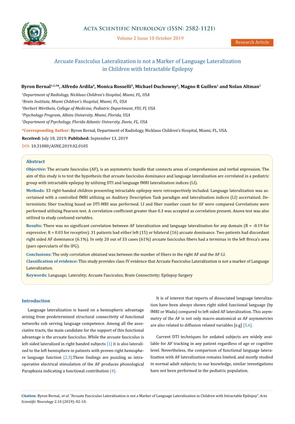 Arcuate Fasciculus Lateralization Is Not a Marker of Language Lateralization in Children with Intractable Epilepsy