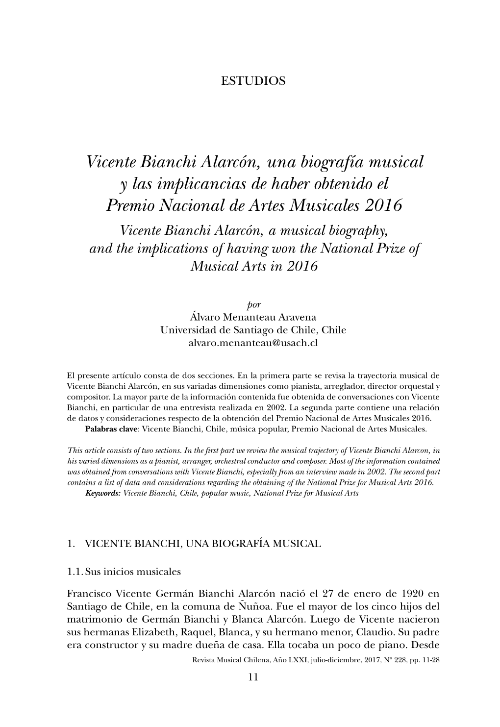 Vicente Bianchi Alarcón, Una Biografía Musical Y Las Implicancias De