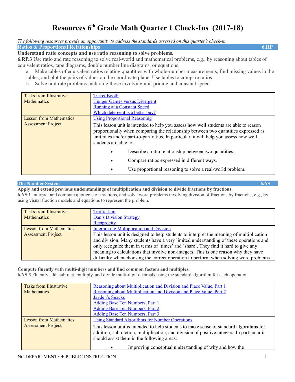 Resources 6Th Grade Math Quarter 1 Check-Ins (2017-18)