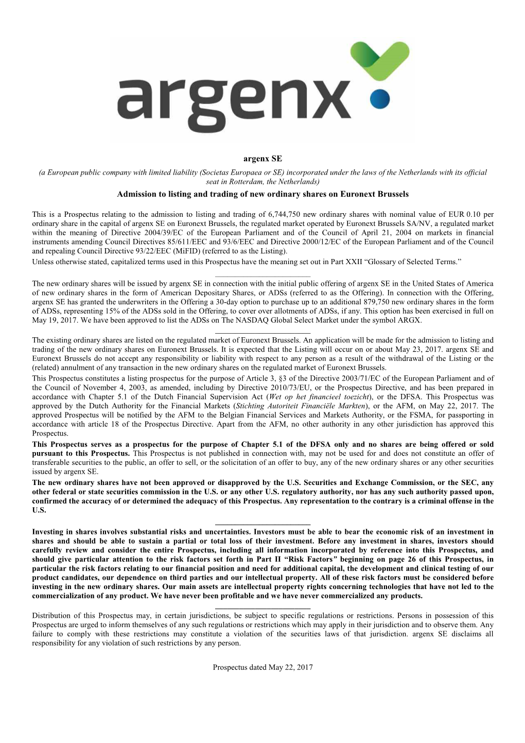 Argenx SE Admission to Listing and Trading of New Ordinary Shares