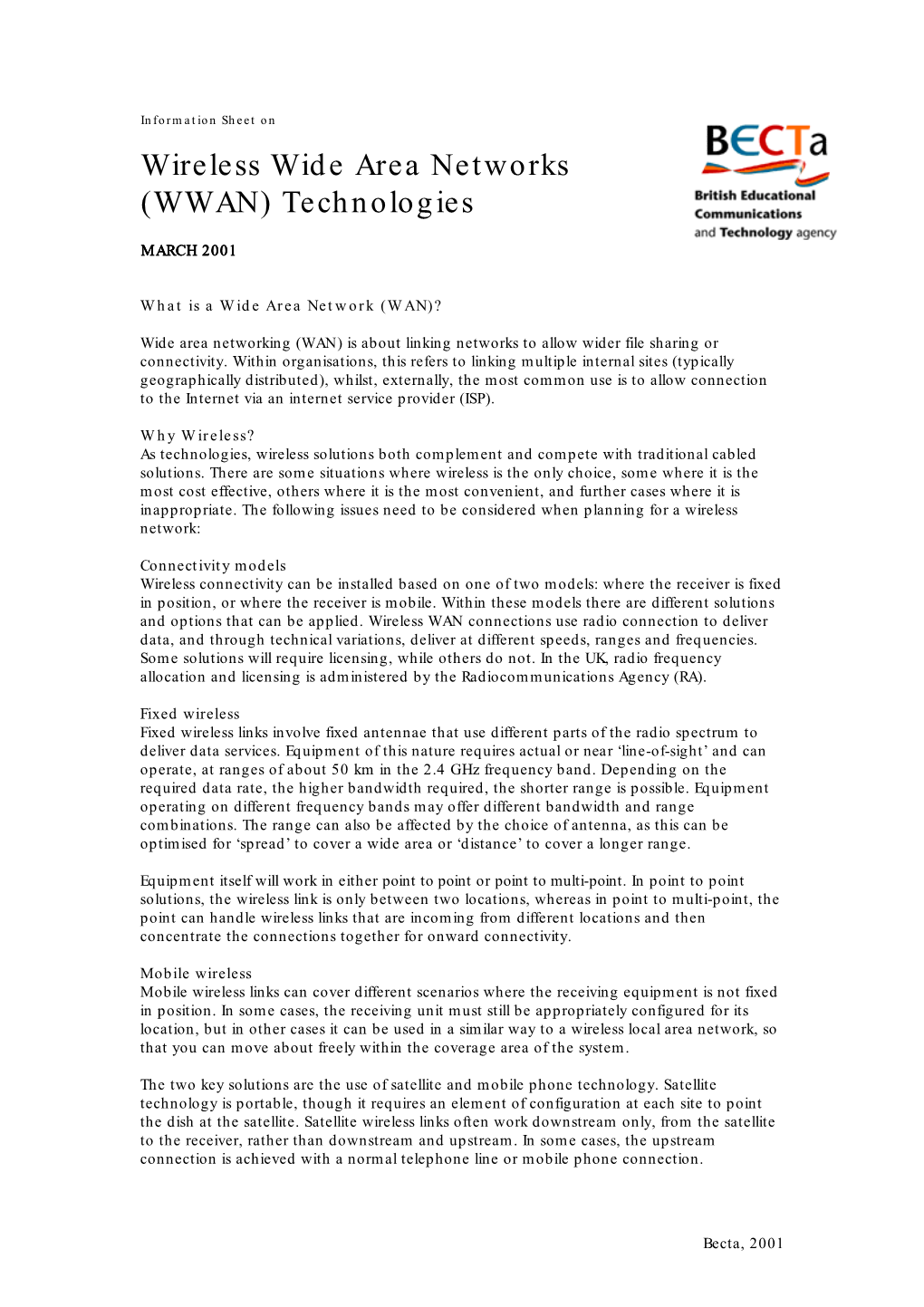 Wireless Wide Area Networks (WWAN) Technologies