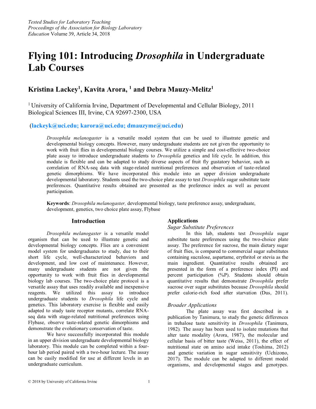 Flying 101: Introducing Drosophila in Undergraduate Lab Courses