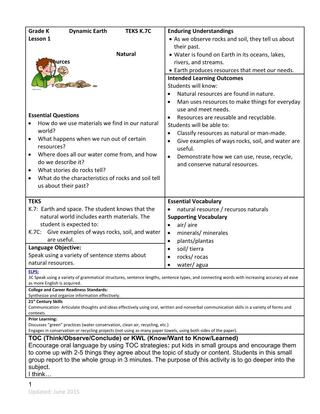 Grade K Dynamic Earth TEKS K.7C