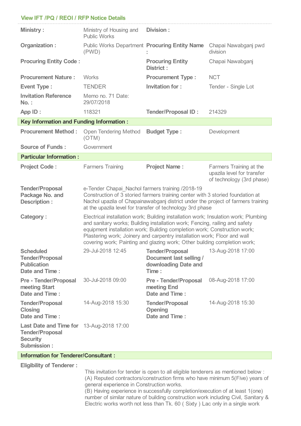 View IFT /PQ / REOI / RFP Notice Details