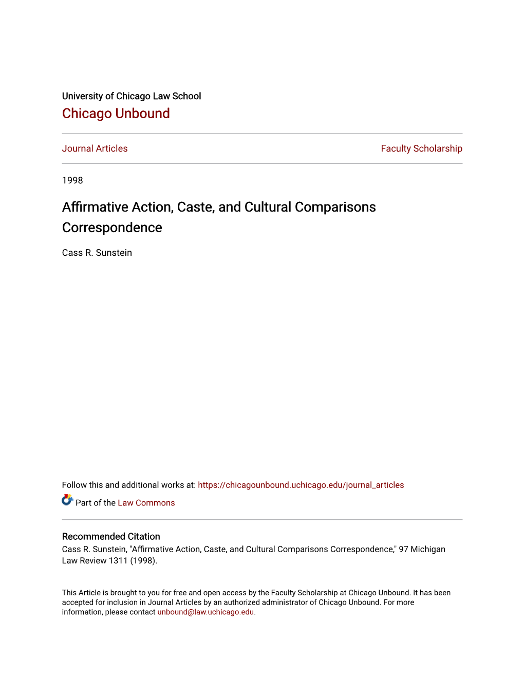 Affirmative Action, Caste, and Cultural Comparisons Correspondence