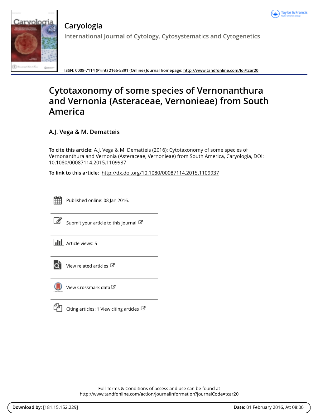 Cytotaxonomy of Some Species of Vernonanthura and Vernonia (Asteraceae, Vernonieae) from South America