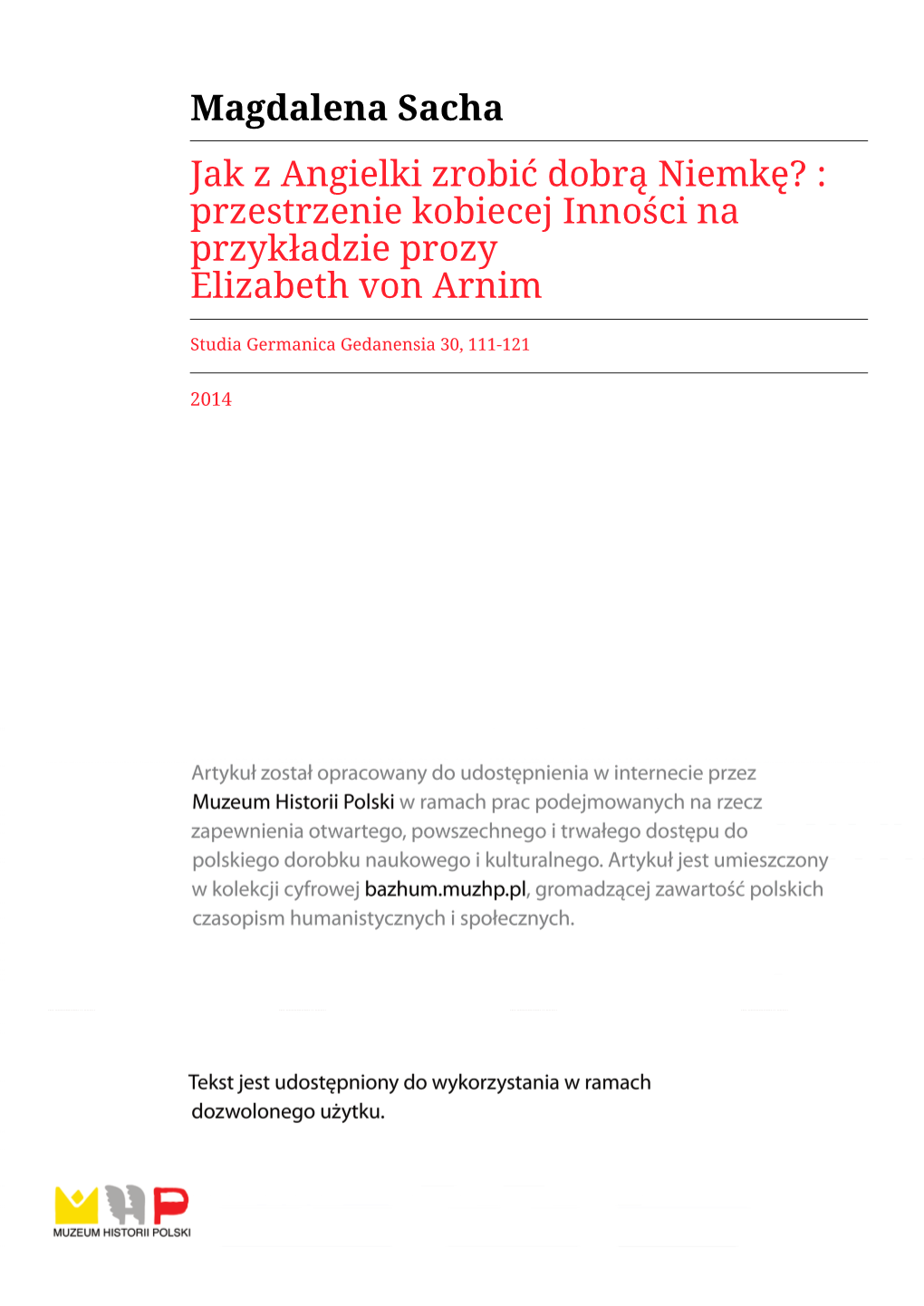 Jak Z Angielki Zrobić Dobrą Niemkę? Przestrzenie Kobiecej Inności Na Przykładzie Prozy Elizabeth Von Arnim