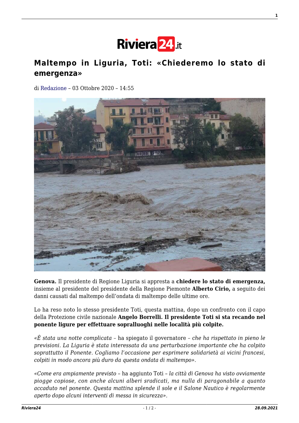 Maltempo in Liguria, Toti: «Chiederemo Lo Stato Di Emergenza»