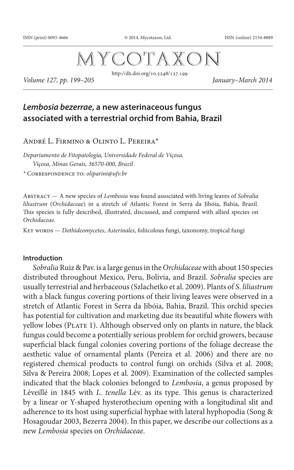 &lt;I&gt;Lembosia Bezerrae&lt;/I&gt;, a New Asterinaceous Fungus Associated with a Terrestrial Orchid from Bahia, Brazil
