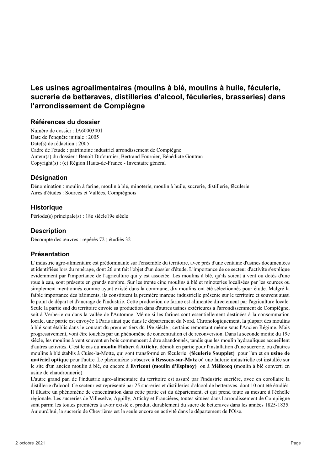 Les Usines Agroalimentaires (Moulins À Blé, Moulins À Huile, Féculerie