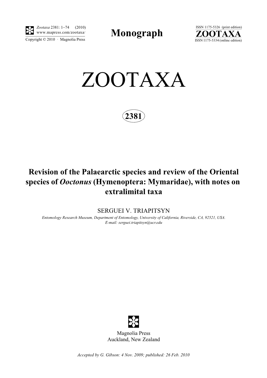 Revision of the Palaearctic Species and Review of the Oriental Species of Ooctonus (Hymenoptera: Mymaridae), with Notes on Extralimital Taxa