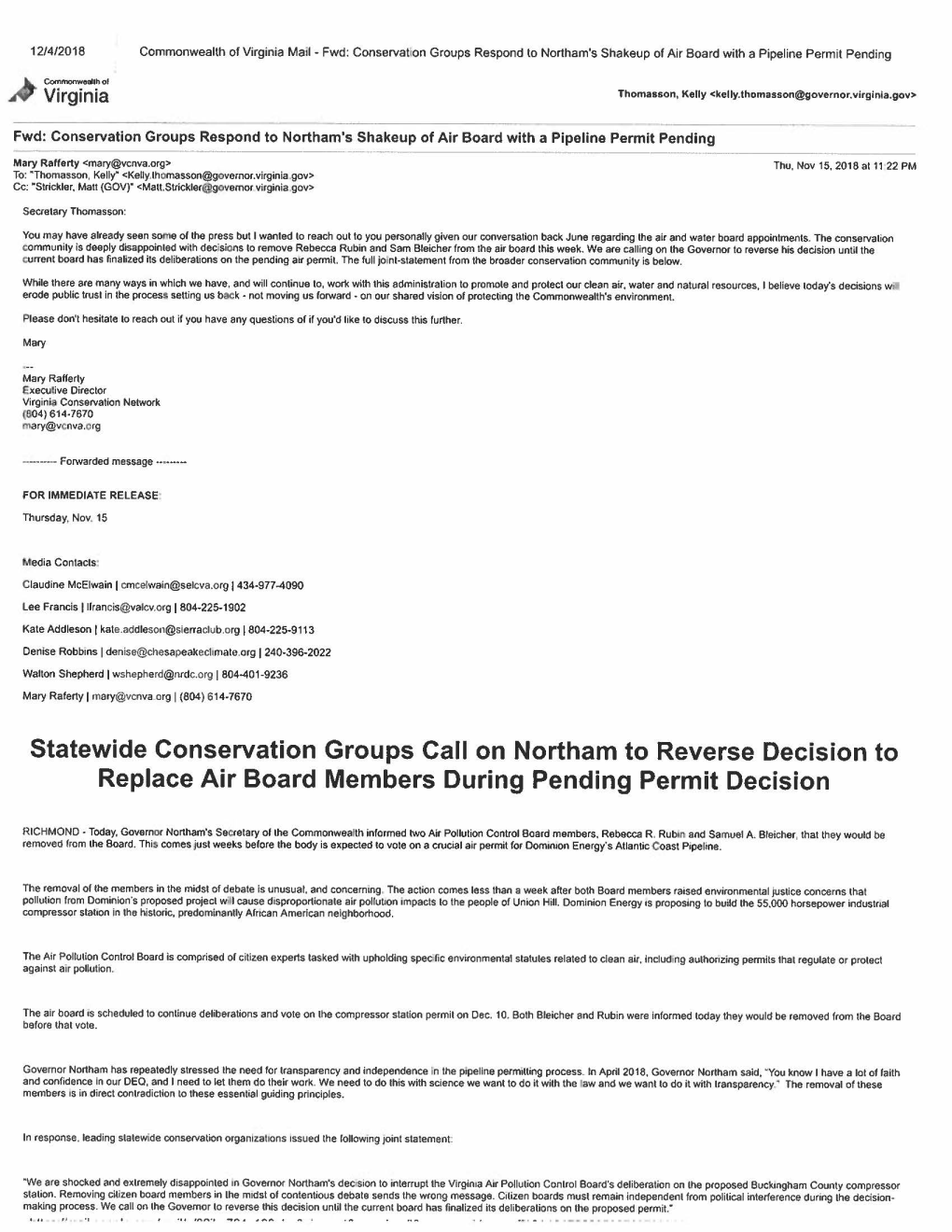 Statewide Conservation Groups Call on Northam to Reverse Decision to Replace Air Board Members During Pending Permit Decision