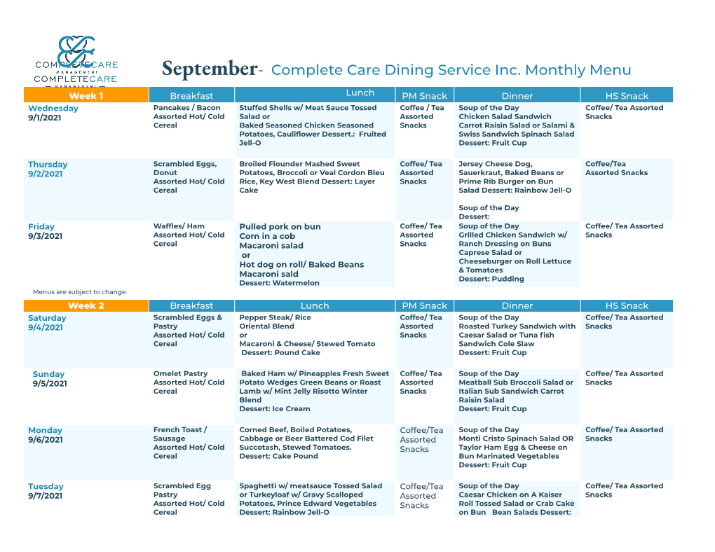 September 2021 Menu Calendar