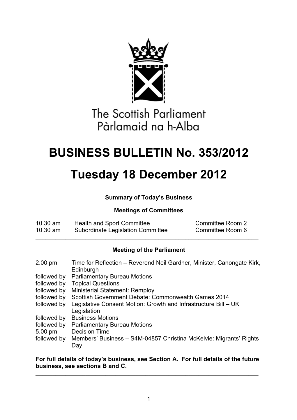 BUSINESS BULLETIN No. 353/2012 Tuesday 18 December 2012
