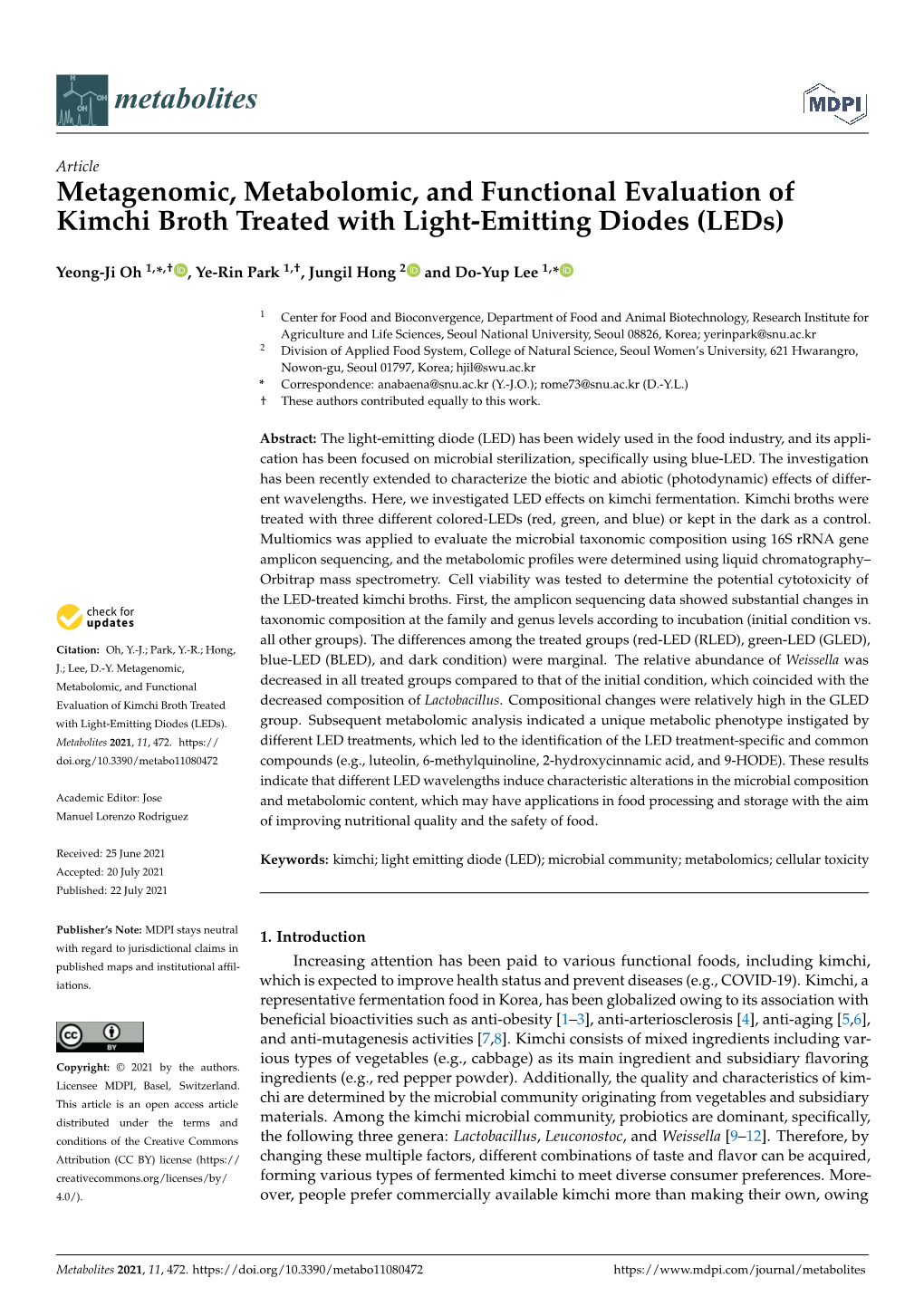 Metagenomic, Metabolomic, and Functional Evaluation of Kimchi Broth Treated with Light-Emitting Diodes (Leds)